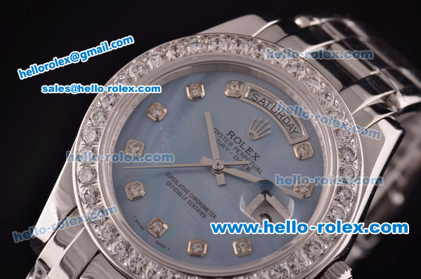 Rolex Day-Date Pearlmaster Swiss ETA 2836 Automatic Steel Case/Strap with Diamond Bezel and Ice-Blue MOP Dial - Click Image to Close